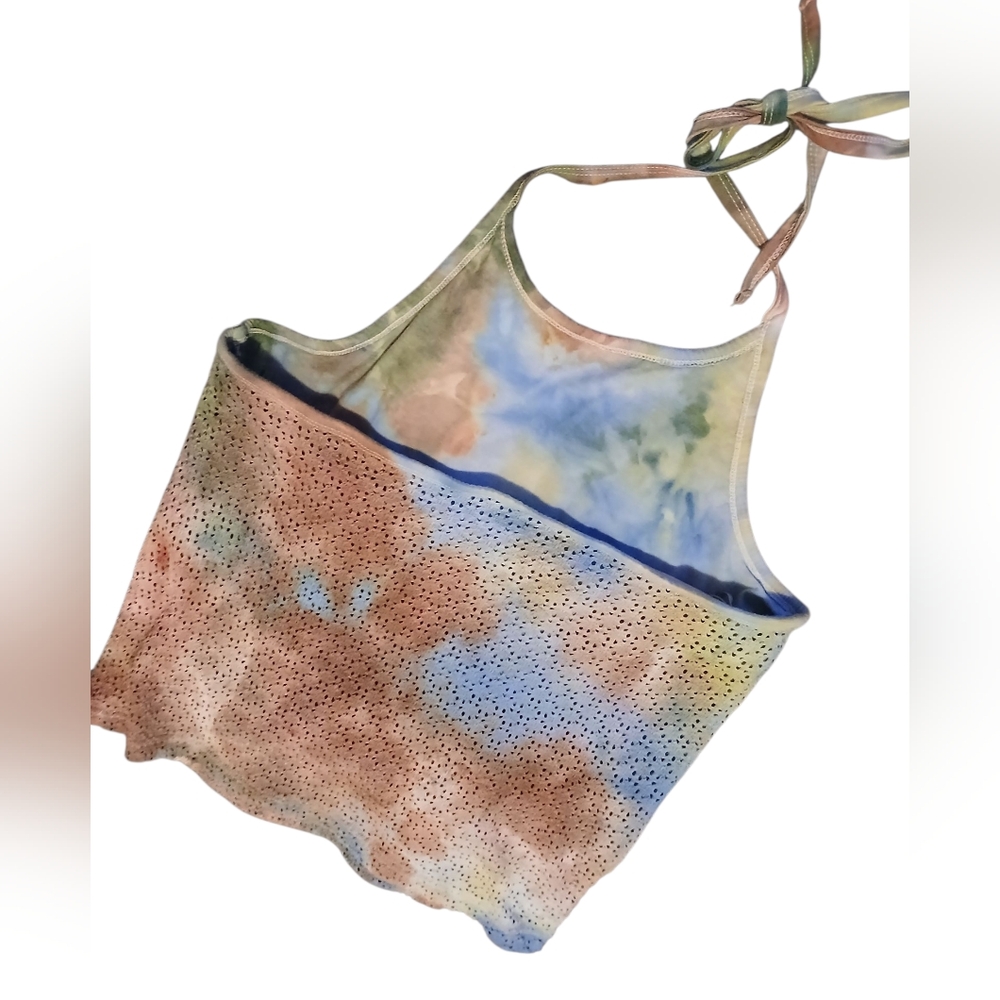 GAP Tie-Dye Perforated Crochet Double Layered Halter Style Crop Top Size Large